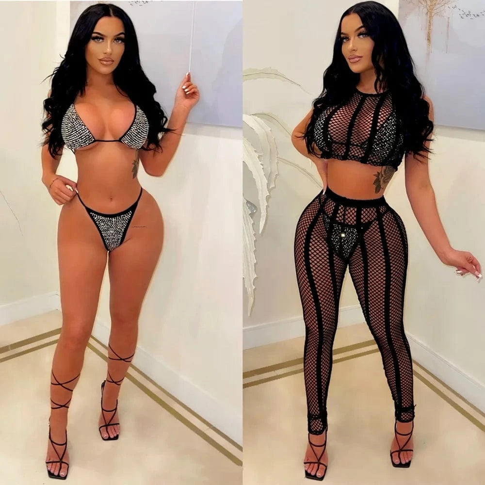 S / Black 2024 Summer Women Diamonds Hot Rhinestones Bikinis Set Beach Swimsuit Sexy Party Club Swimwear 4 set