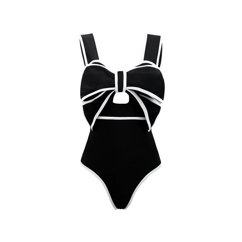 S / Black 2024 Vintage Black and White Bow One Piece Swimsuit and Skirt Swimwear Women Bikini Set Beachwear Cover Ups