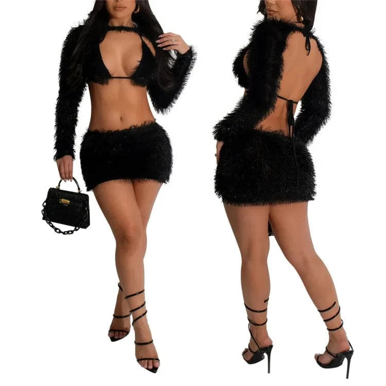 S / Black 2024 Winter Long Sleeve Fluffy Plush Cut Out Backless Mini Dress Women Short Skirt + Bra + Cropped Coat 3 Piece Sets