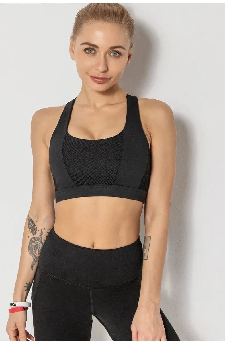 S / Black 2024 Women sports bra Plus Size cross Back Yoga running fitness vests gathered shockproof sports underwear