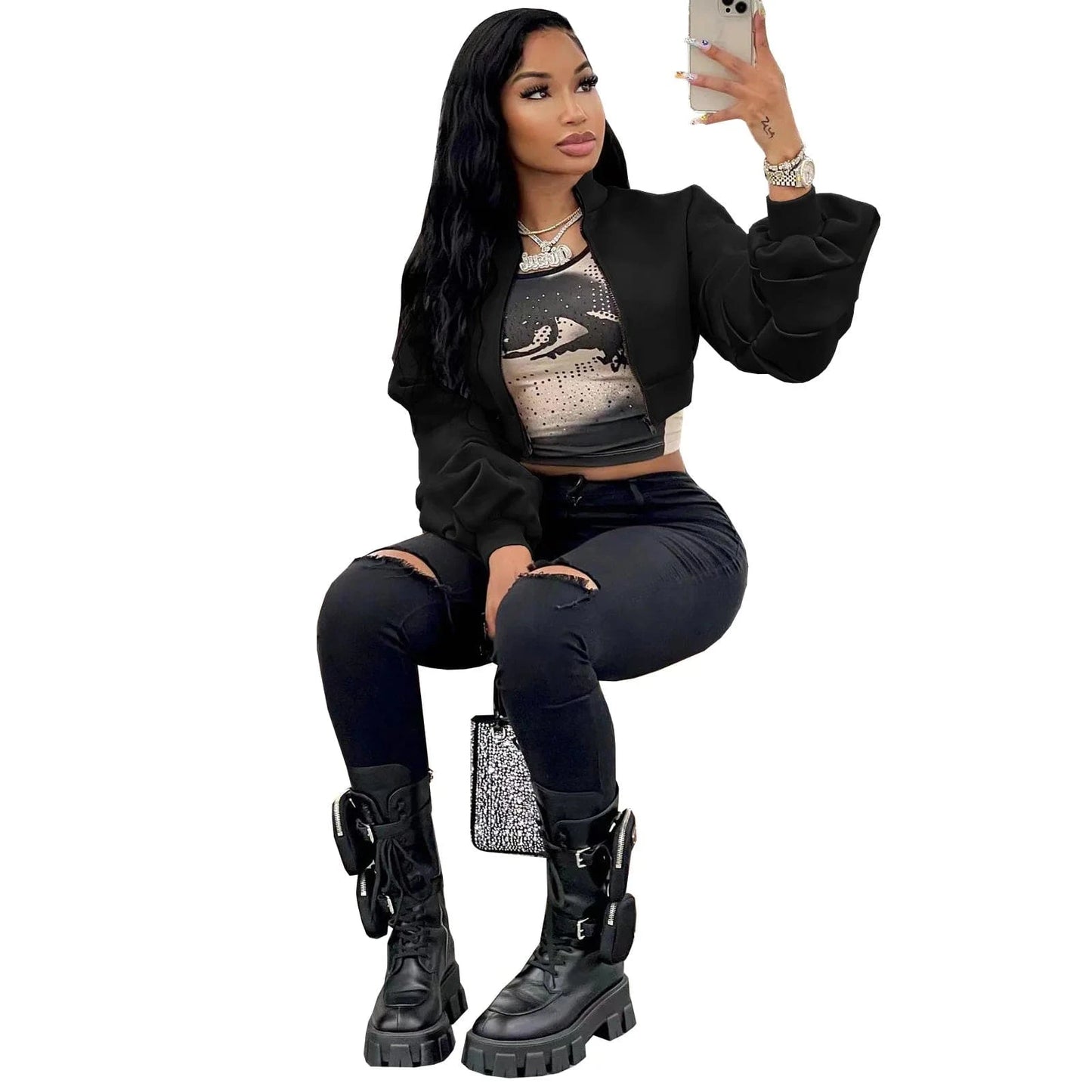 S / Black Autumn 2022 Women Clothing Solid Woman Short Coat Fashion Zipper Jacket Short Cardigan Jacket Top for Mujer