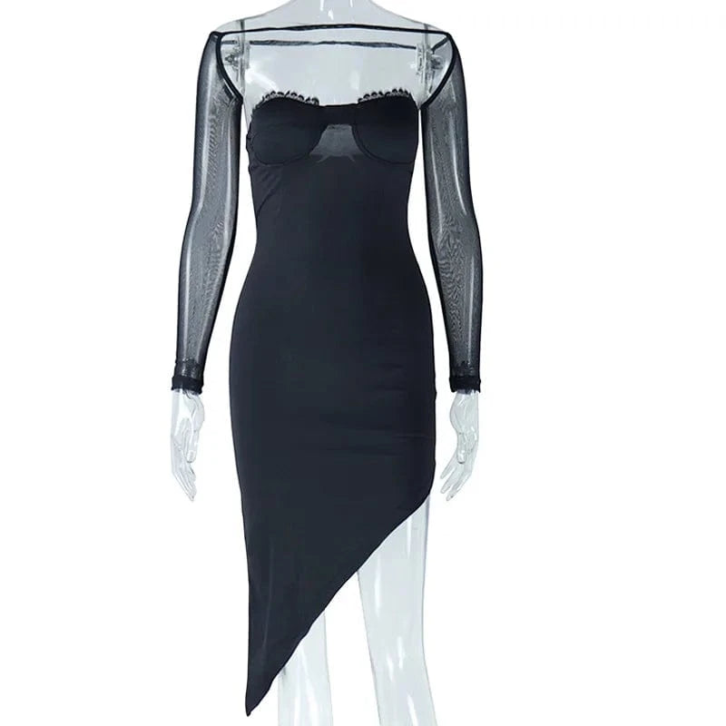 S / Black Bomblook ASDS184 Mesh Sleeve Sexy Party Dress Elegant Dresses Elegant Evening Dress