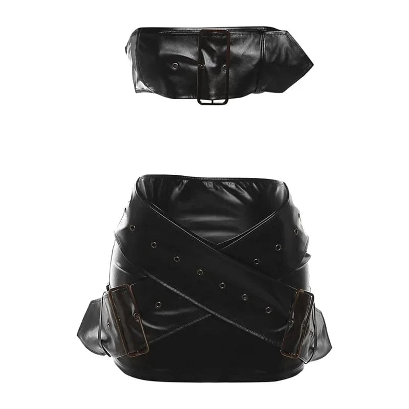 S / Black Bomblook C117ST01 2024 Sexy Corset With Crisscross Skirts Two Piece Set Women Streetwear Clothing Casual PU Leather Set