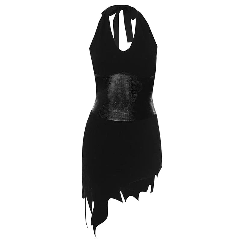 S / Black Bomblook K23DS635 2024 Spring Sexy Outfits Halter Dress For Women PU Leather Mini Bodycon Dress Irregular Dresses