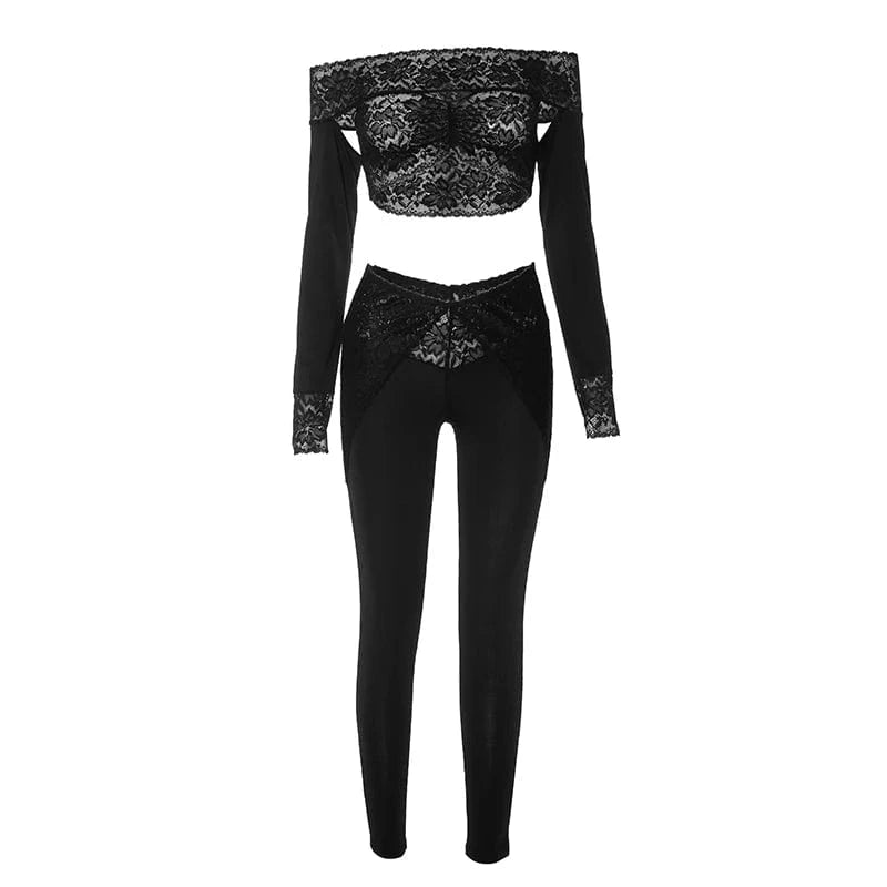 S / Black Bomblook K23ST595 2024 Spring Lace Off Shoulder Sexy 2 Piece Set Women Women Patchwork Pants Set Loungewear Set