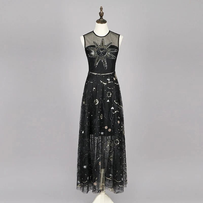 s / Black Custom Stylish Women Dress Boutique Black Transparent Mesh Gold Embellished Sequin Evening Party Round Neck Sleeveless Dress