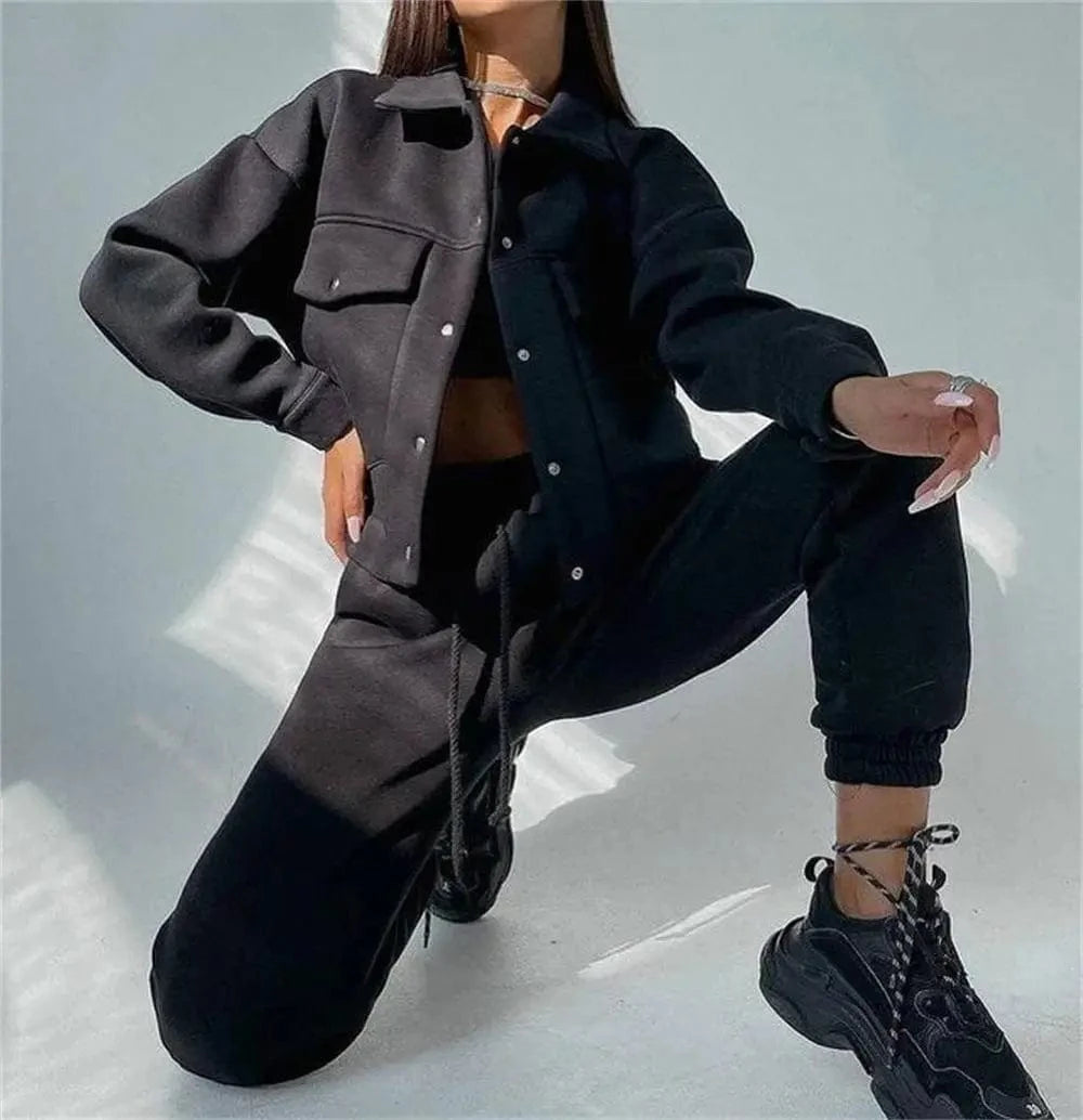 S / Black Custom Winter Clothes for Women Pocket Workout Jacket Jogging 2 Two Piece Pants Set Sweat suit Tracksuits Sweatsuit fitness Set
