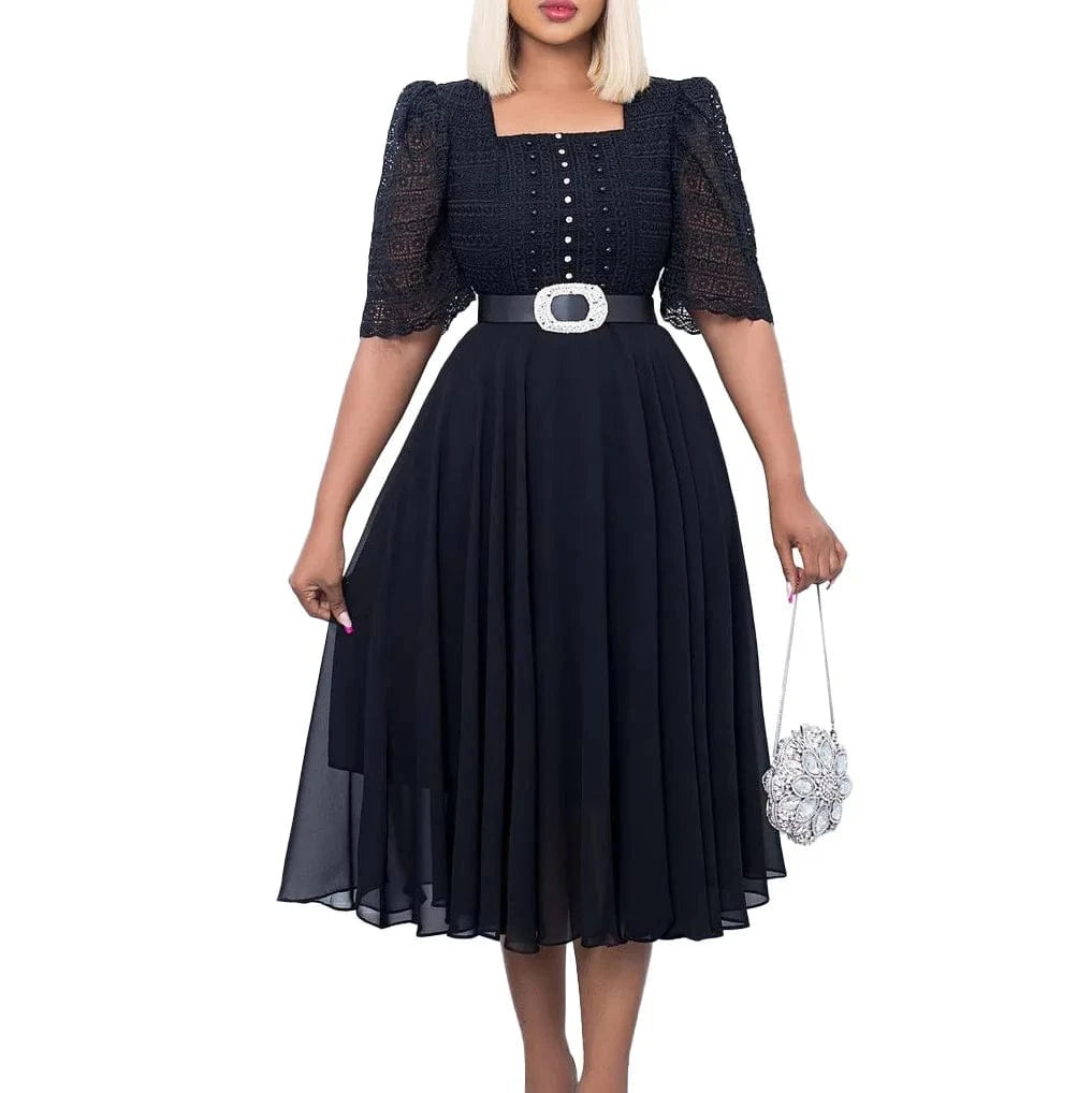S / Black D280 High Quality Fashion Casual Dresses Patchwork Chiffon Nail Beaded Dress Celebrities African Dress With Free Belt