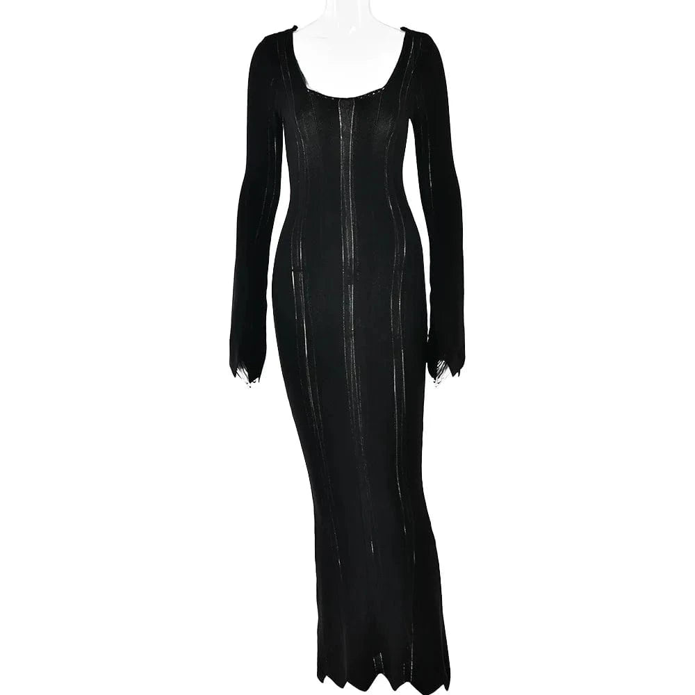 S / Black Elegant Solid Knit Long Dress Cut Out 2024 Sexy Backless Slim Women Dress Bodycon