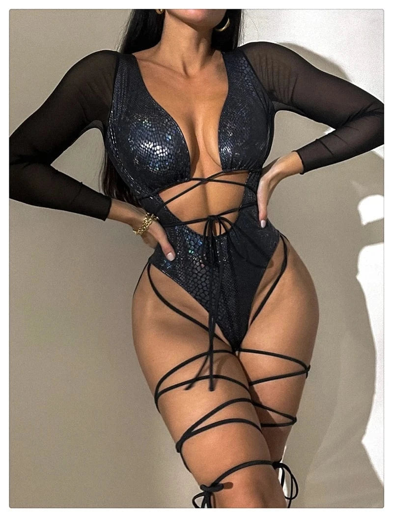 S / Black Factory Manufacture Beachwear 2024 Long Sleeve One Piece Swimsuit Black Slim Sexy Monokini Ladies Bodysuit Women Push Up Bathing