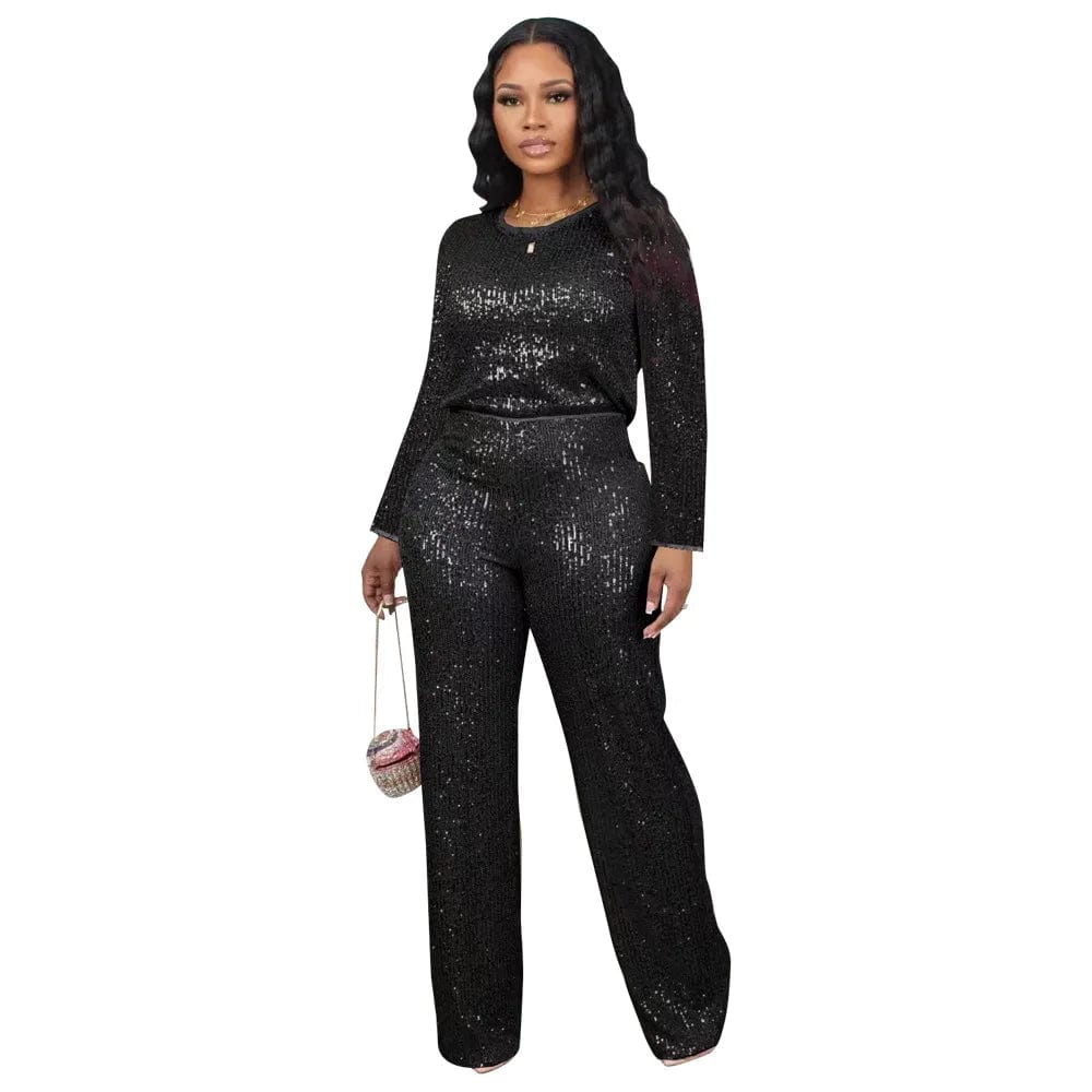 S / Black Fall 2024 Fashion Sequin Women Sets Long Sleeve T-Shirt and Wide Leg Dressy Pants Suit Ladies Party Two 2 Piece Formal Outfits