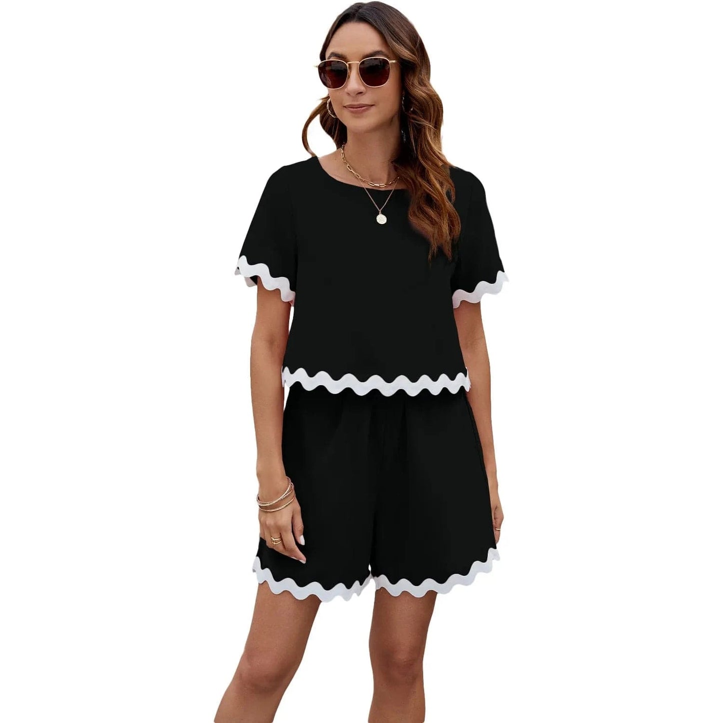 S / Black Fashion Wave Stripe Patchwork Shorts Set for Women Causal O Neck Tops High Waist Shorts Female Summer Holiday Beach 2 Pieces Se