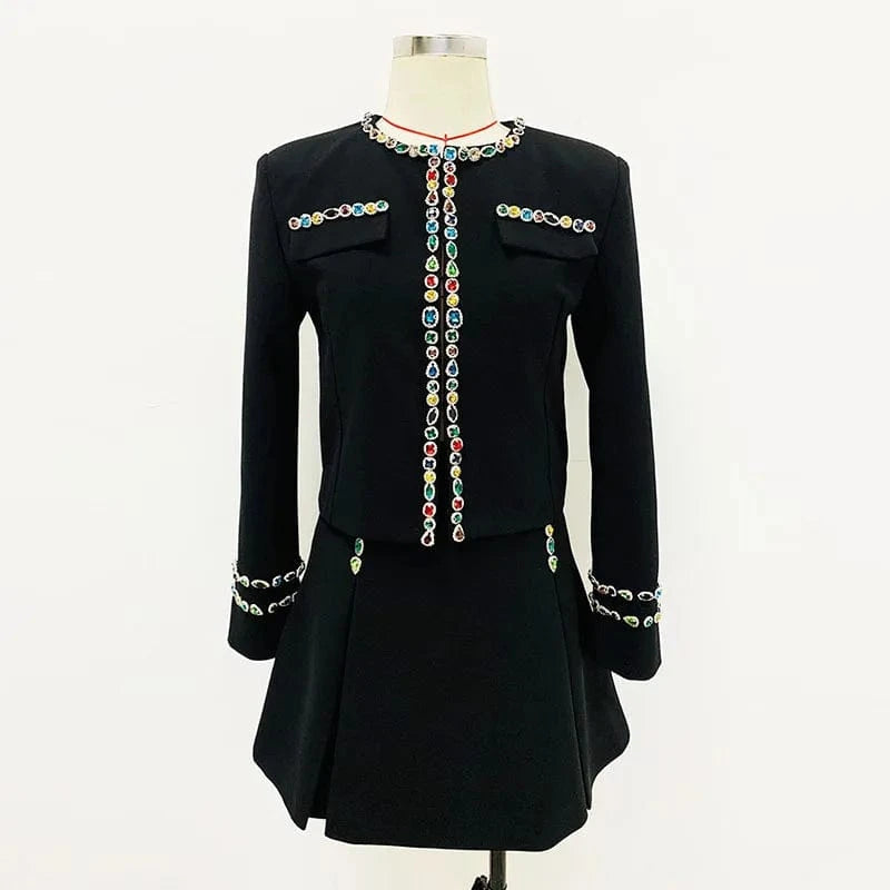 S / Black Fine Workmanship Rhinestone Beading Lady 2024 Newest Spring Suit O-neckline Long Sleeve Jacket Mini Skirt Women Solid 2Pcs
