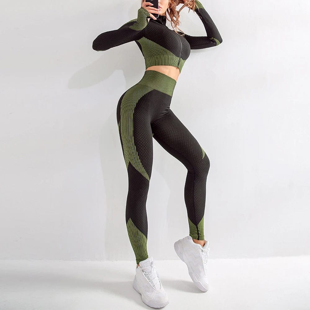 S / black green 2024 Women Hip Lifting Slim Elastic sports clothes suit knitting hip lifting elastic Fitness long sleeve yoga sets
