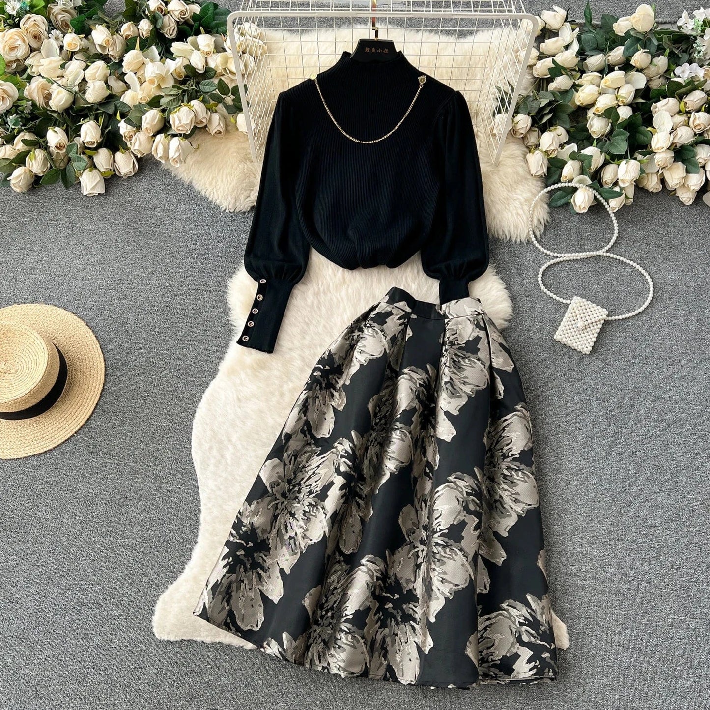 S / Black High Quality Autumn Casual 2 Piece Set for Women Top and High Waist Knitted Skirts Set Clothing Wholesale