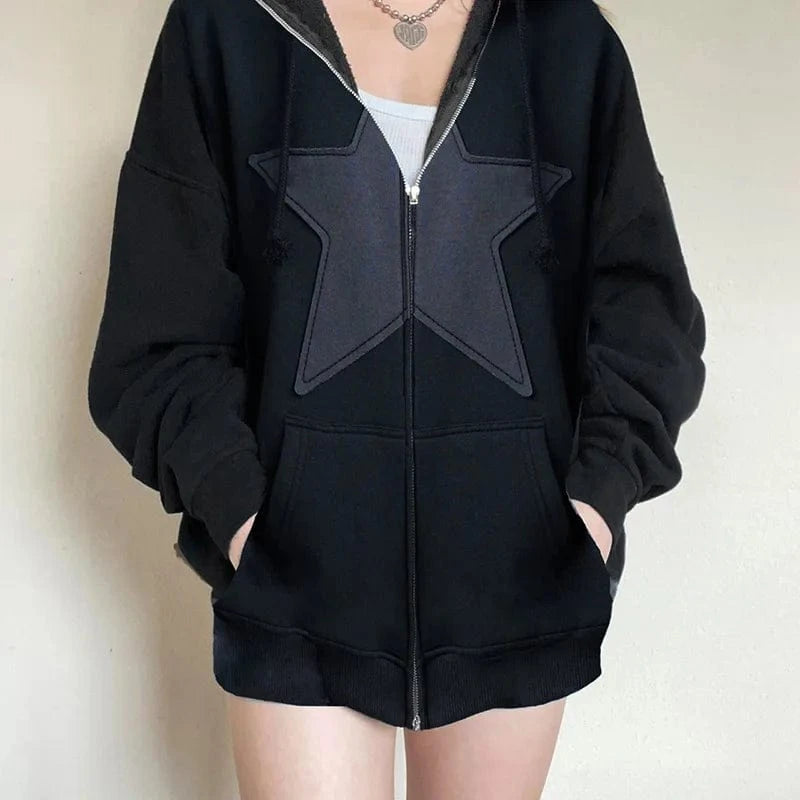 S / Black Hip Hop Zip up Hoodie Vintage Star Patch Cotton Loose Sweatshirt Jacket Harajuku Gothic Long Sleeve Women Sweatshirt Y2k Clothes