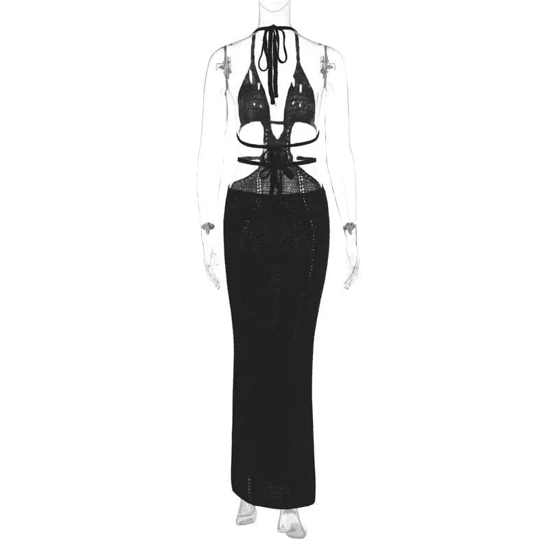 S / Black Hot Selling Sexy Halter Long Dress V-neck Summer Dress Club Wear for Women 2024