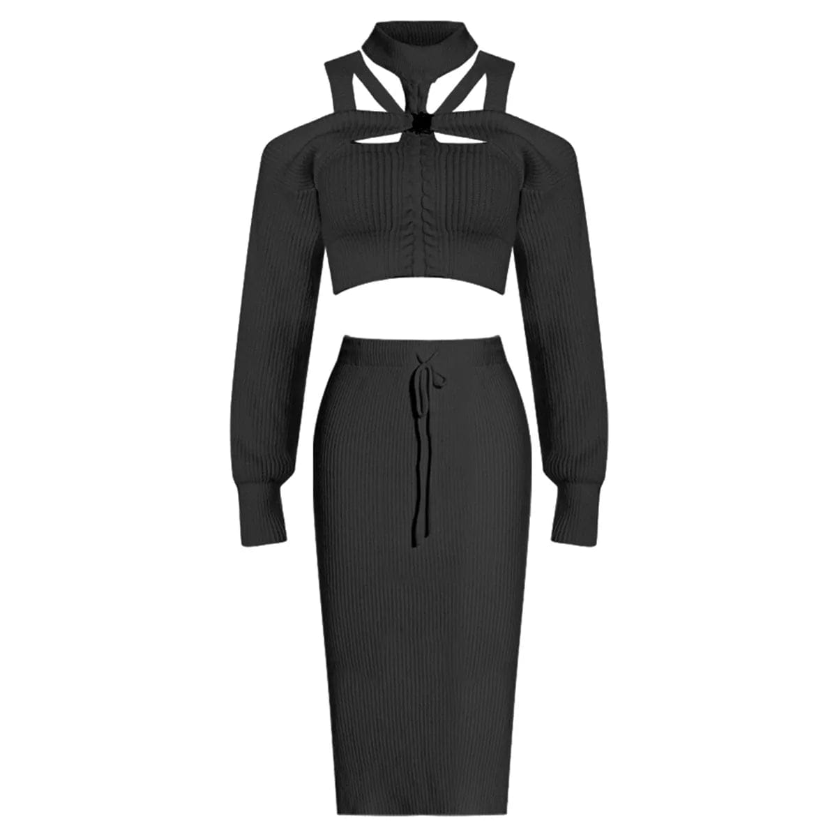 S / Black-IN STOCK OUDINA Fashionable Women's Winter High Waist Zipper Skirts Sets Knitted Halter Neck Skirt And Top Set For Women