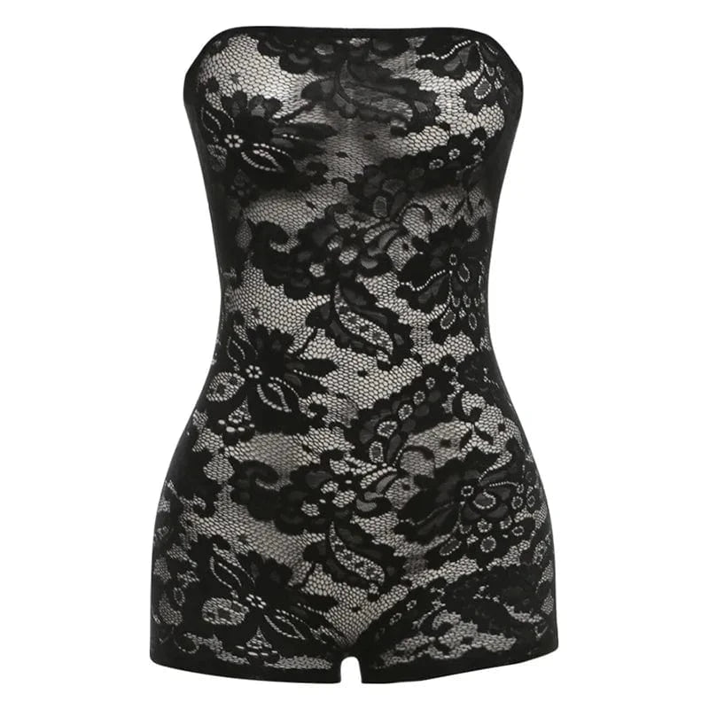 S / Black K24Q43682 New style spring 2024 fashion strapless rompers women jumpsuit see through lace bodycon jumpsuit women sexy jumpsuit