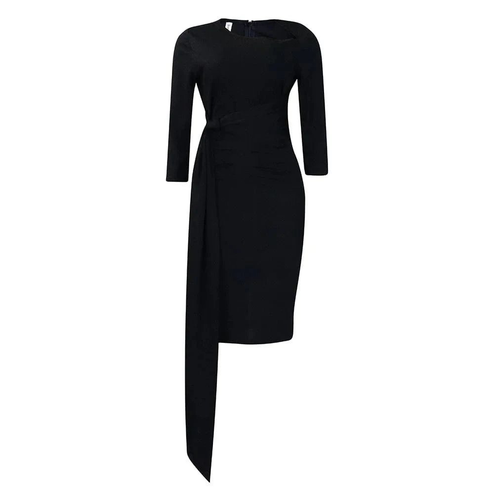 S / Black Ladies Dresses 2024 Business O Neck Midi Length Ladies Office Dresses Ruffled Ribbons Plus Size African Woman Dress