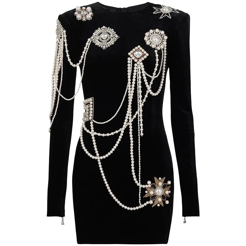 S / Black Lady Vintage 2023 Spring Long Sleeve Fine Workmanship Rhinestone Beads Tassel Elegant Mini Slim Fitted Black Dress
