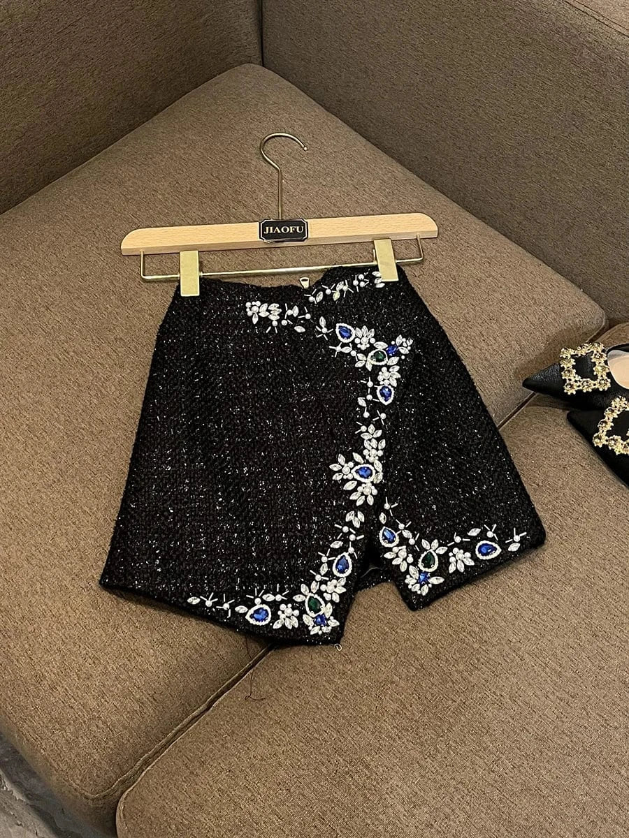 S / Black Luxury Fine Workmanship Lady Cloth Shining Rhinestone Irregular Hem Women High Waisted Tweed Mini Skirt