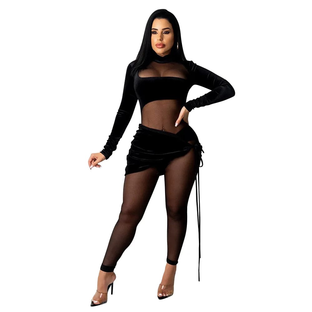 S / Black Os6269 2024 Fall Sexy Women Jumpsuit Long Sleeve Velvet Mesh See Through Patchwork One Piece Romper Plus Size Club Wear