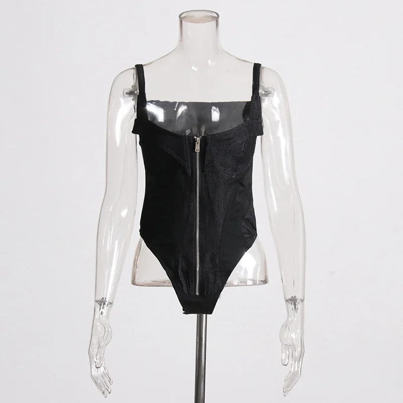 S / Black OUDINA 2024 Fashion Bodysuits For Women Square Collar Front Zipper Women's Denim Jumpsuit Womens Bodysuit