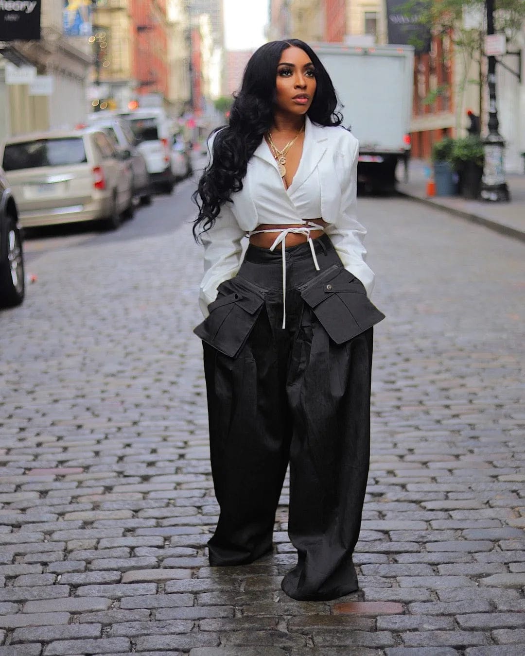 S / Black OUDINA 2024 Spring Oversized Loose Detachable Three-dimensional Pocket Wide Leg Pant Casual Trousers Women's Pants