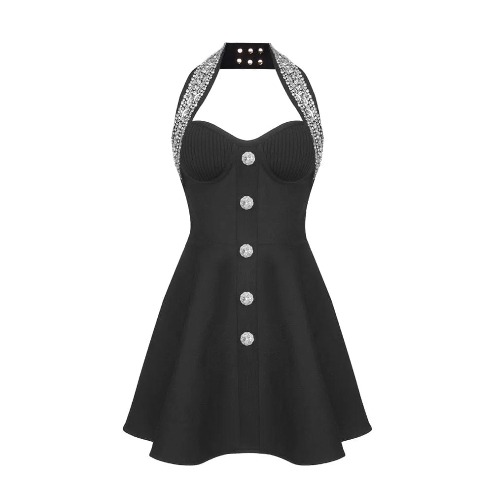 S / Black OUDINA New Arrivals Clothing Rhinestones Beaded A-line Bandage Diamond Ladies Fashion Dresses Short Dinner Dress For Women