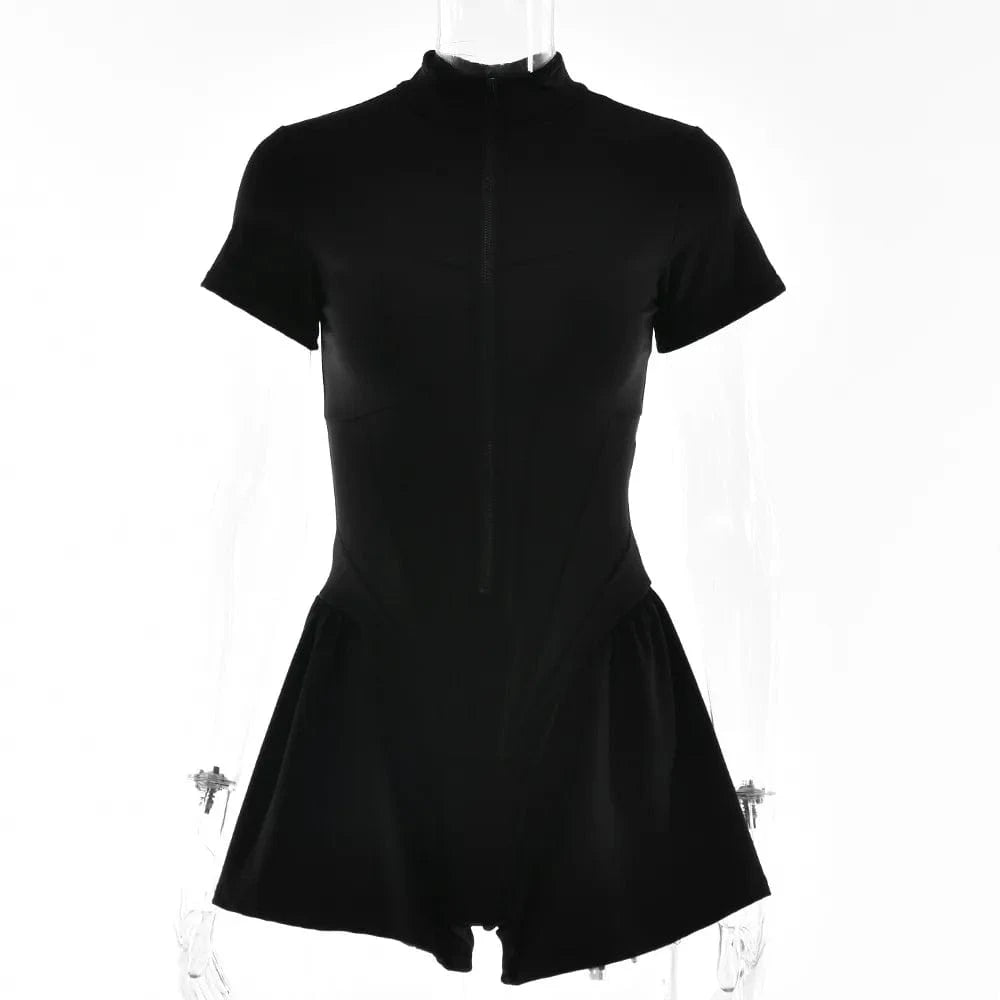 S / Black Sexy Bodycon Playsuit Women Jumpsuit O Neck Short Sleeve Zipper Bodysuit Female Elegant Slim Playsuits Rompers Sport Clothes