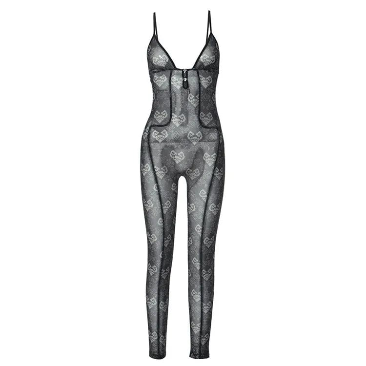 S / Black Sexy Hollow Out Mesh Print Women See Through Jumpsuit Sleeveless Thin One Piece Female Inside Midnight Clothing