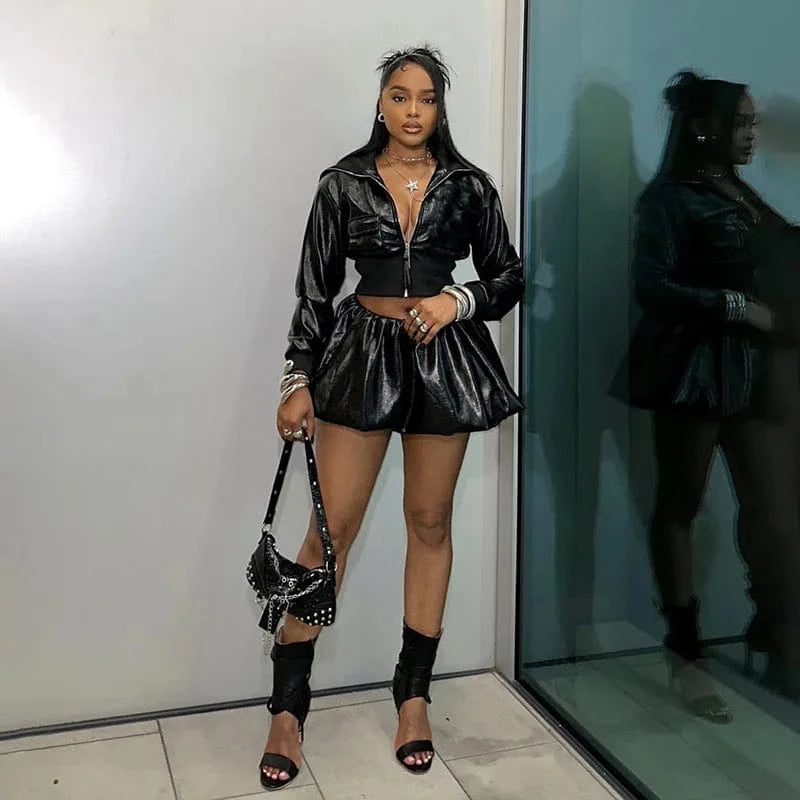 S / Black Sexy Long Sleeve Zip Crop Jacket & Mini Puffy Skirt