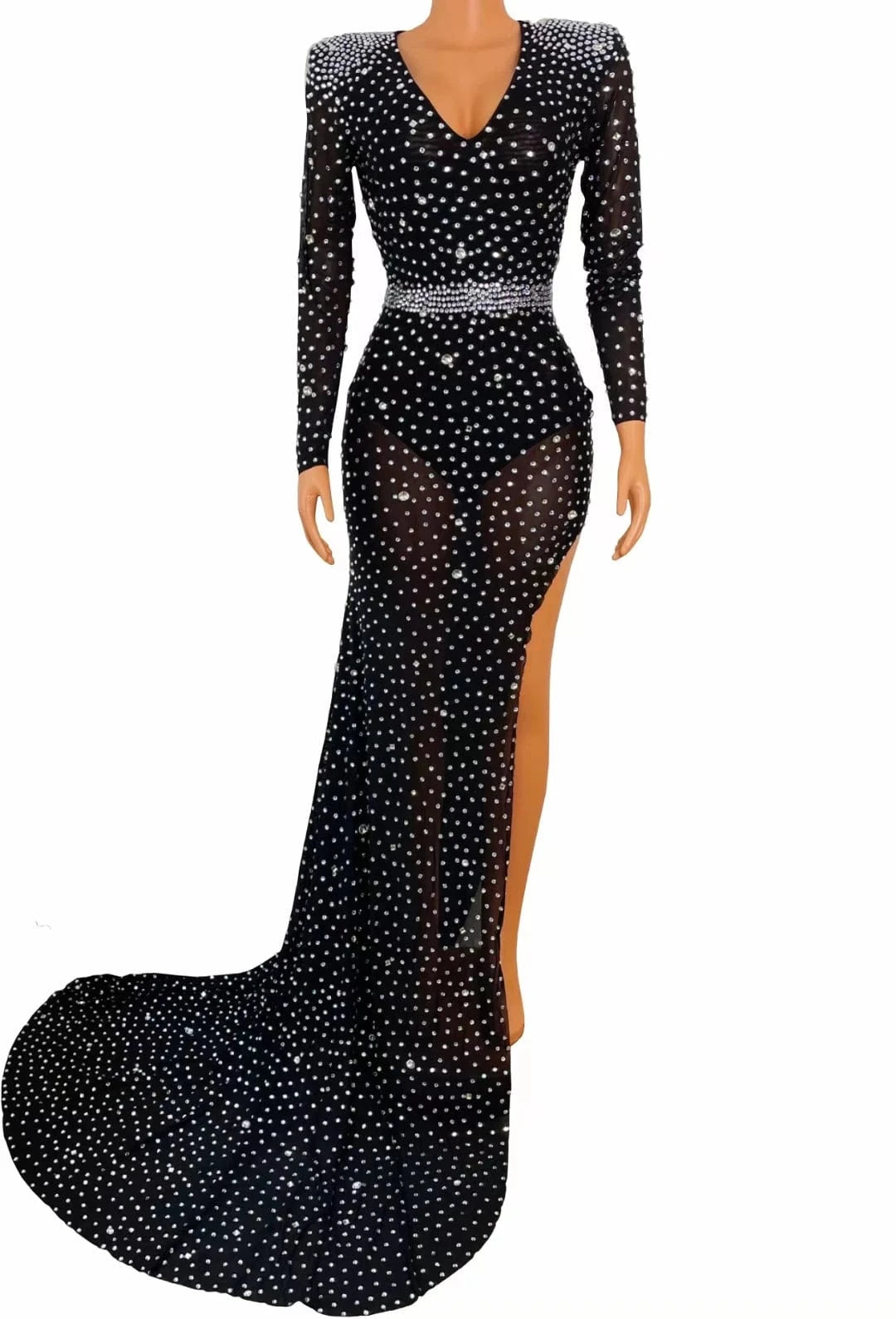 S / Black Sexy Long Sleeves Mesh Rhinestone Ball Gowns For Women High Slit Graduation Party Prom Dress 2022 Wedding Guest Evening Dresses