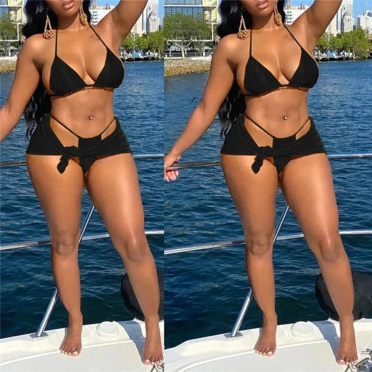 S / Black Sexy Soild Bikini Set Micro Thong Women Skirt Cover Up 3 Piece Swimsuit 2024 Lace Up Bathing Suit Halter String Swimwear