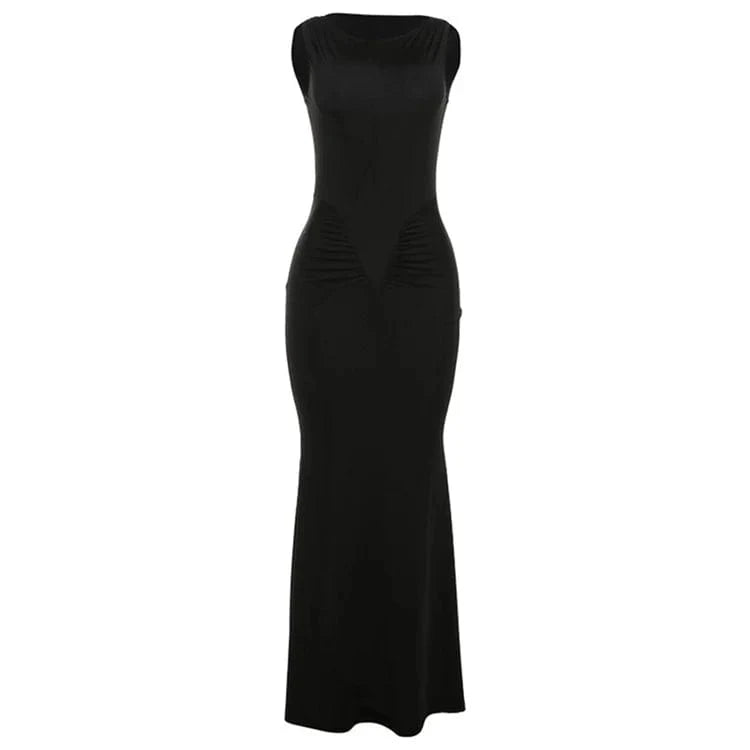 S / Black Solid Elegant Maxi Dress Women Classic Simple Sleeveless O-neck Body-shaping Ruched Robe Female 2024 New Party Dress