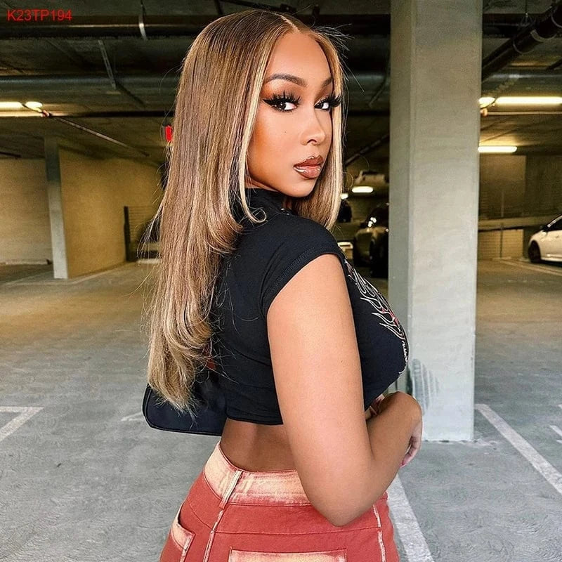 S / Black / Spandex / Polyester Bomblook K23TP194 Summer Sleeveless Crop Top Graphic T Shirts Vintage T Shirt Puff Print T Shirt