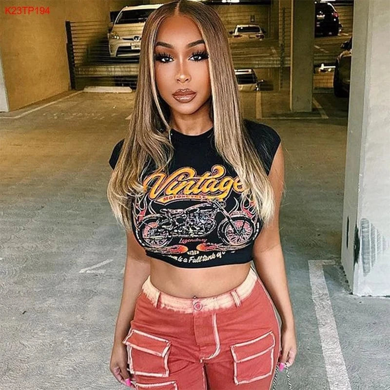 S / Black / Spandex / Polyester Bomblook K23TP194 Summer Sleeveless Crop Top Graphic T Shirts Vintage T Shirt Puff Print T Shirt