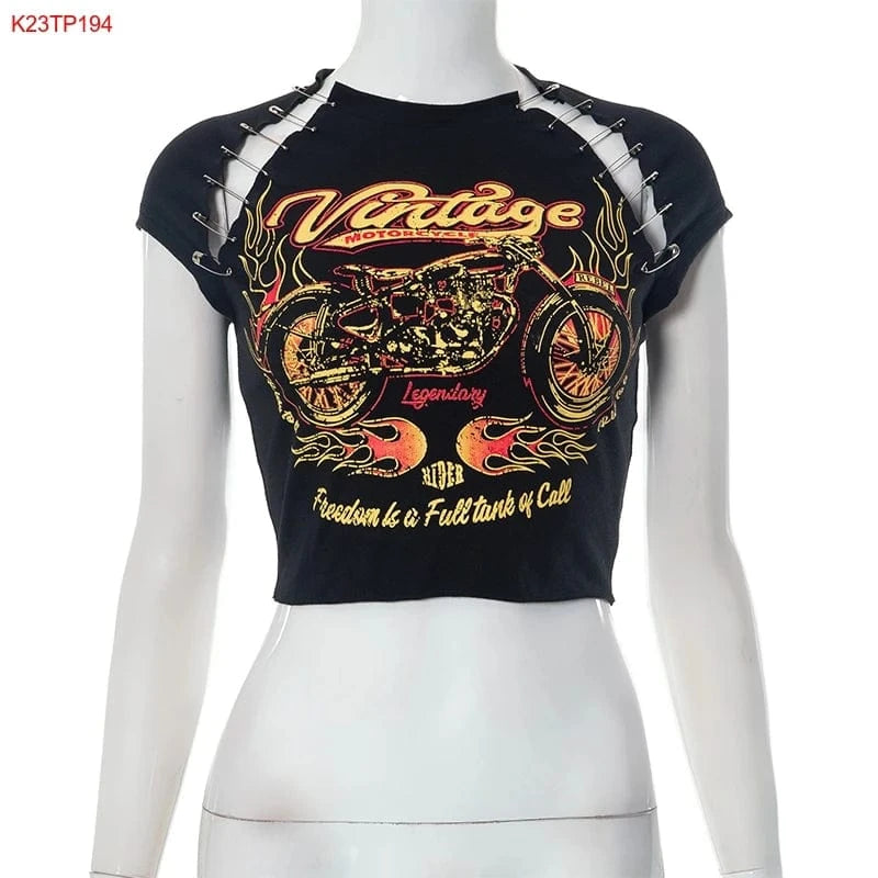 S / Black / Spandex / Polyester Bomblook K23TP194 Summer Sleeveless Crop Top Graphic T Shirts Vintage T Shirt Puff Print T Shirt