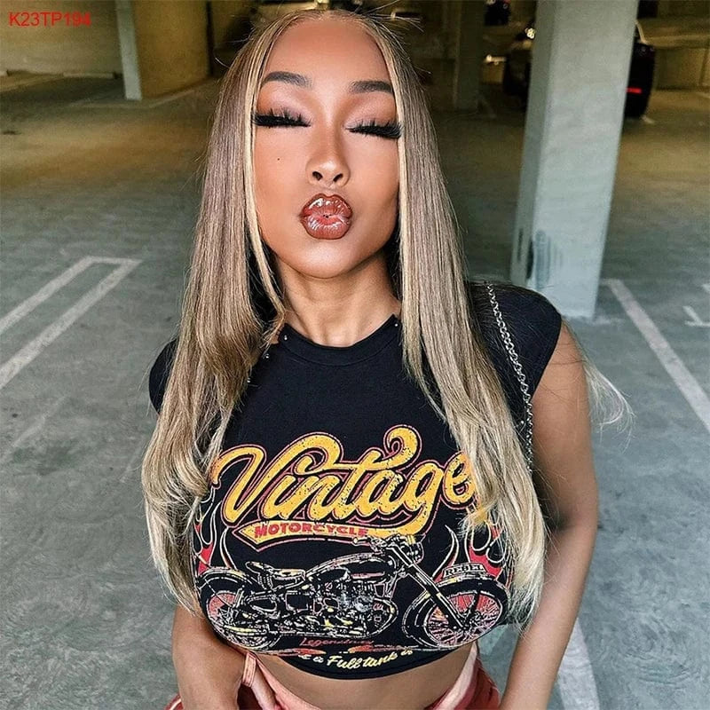 S / Black / Spandex / Polyester Bomblook K23TP194 Summer Sleeveless Crop Top Graphic T Shirts Vintage T Shirt Puff Print T Shirt