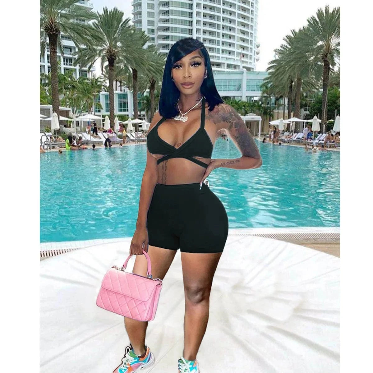 S / Black Sports Casual Camisole Slim Shorts Summer Two Piece Set Women Short Set Clothing Sexy Crop Tops Set Custom