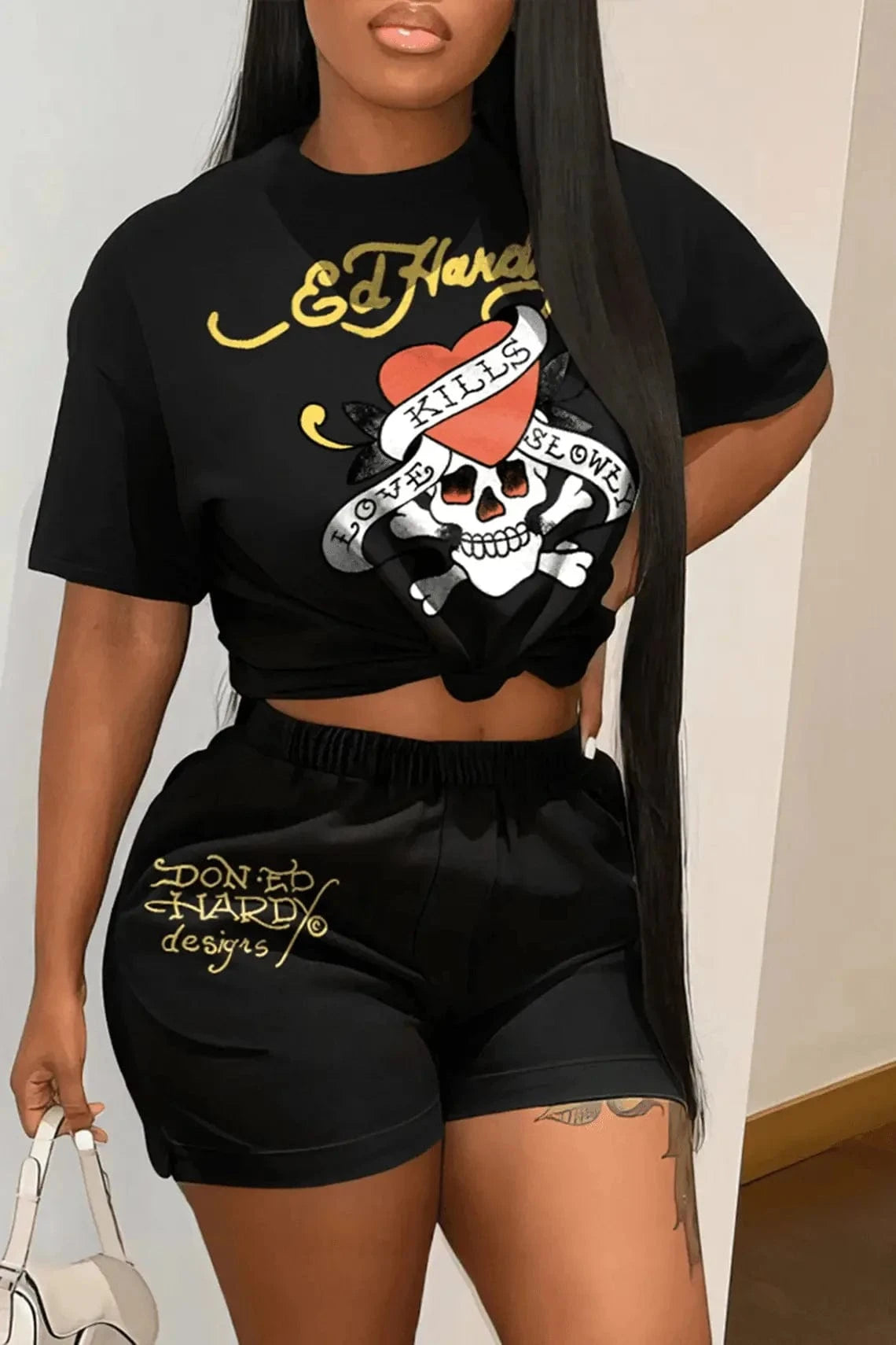 S / Black Summer 2024 Chic Woman 2 Piece Sets Plus Size Fashion Streetwear Letter Print T-shirt and Shorts Set Tracksuit Outfits