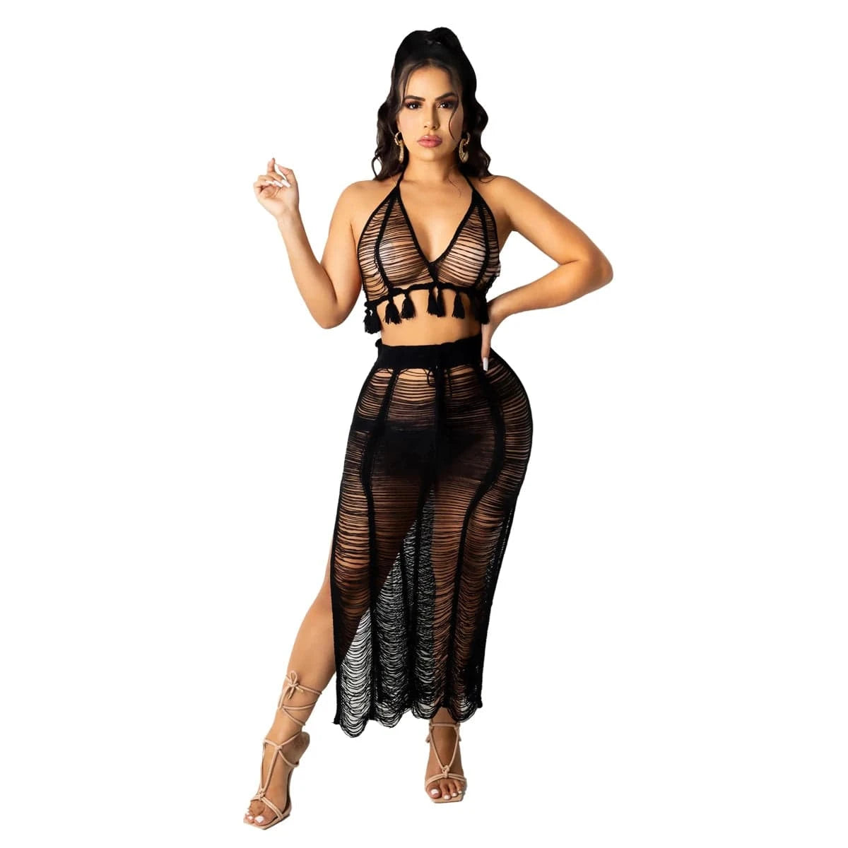 S / Black summer 2024 latex women sexy boho blue crochet beach wear halter bra and midi skirt 2 piece set dress outfit clothing clothes