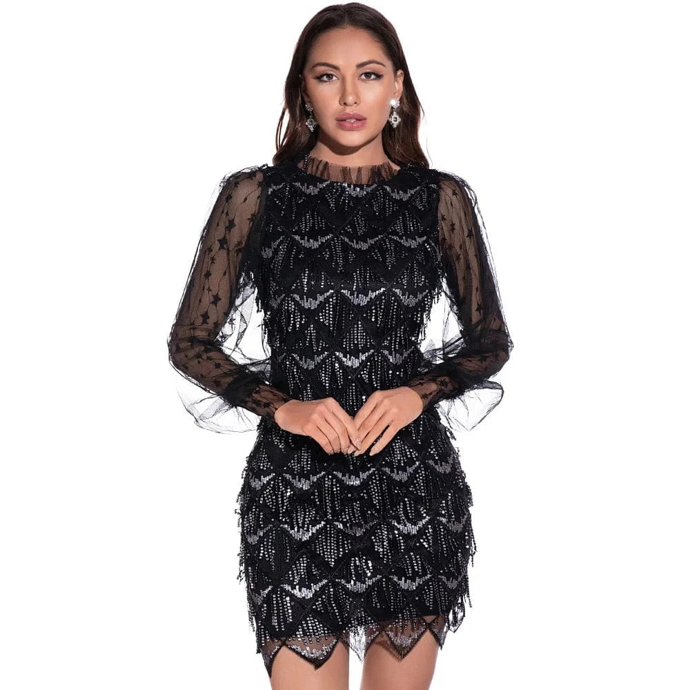 S / Black Tassel Embroidered Sequin Dress Sexy Mesh Long Sleeve Women Party Evening Dress 2022 Discounted Price Fashion Full Stand Vintage