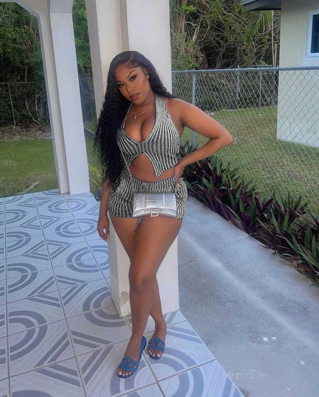 S / Black TS1301 New collections 2024 2 pieces workout sets for women knitted striped outfits summer halter crop top two piece short set