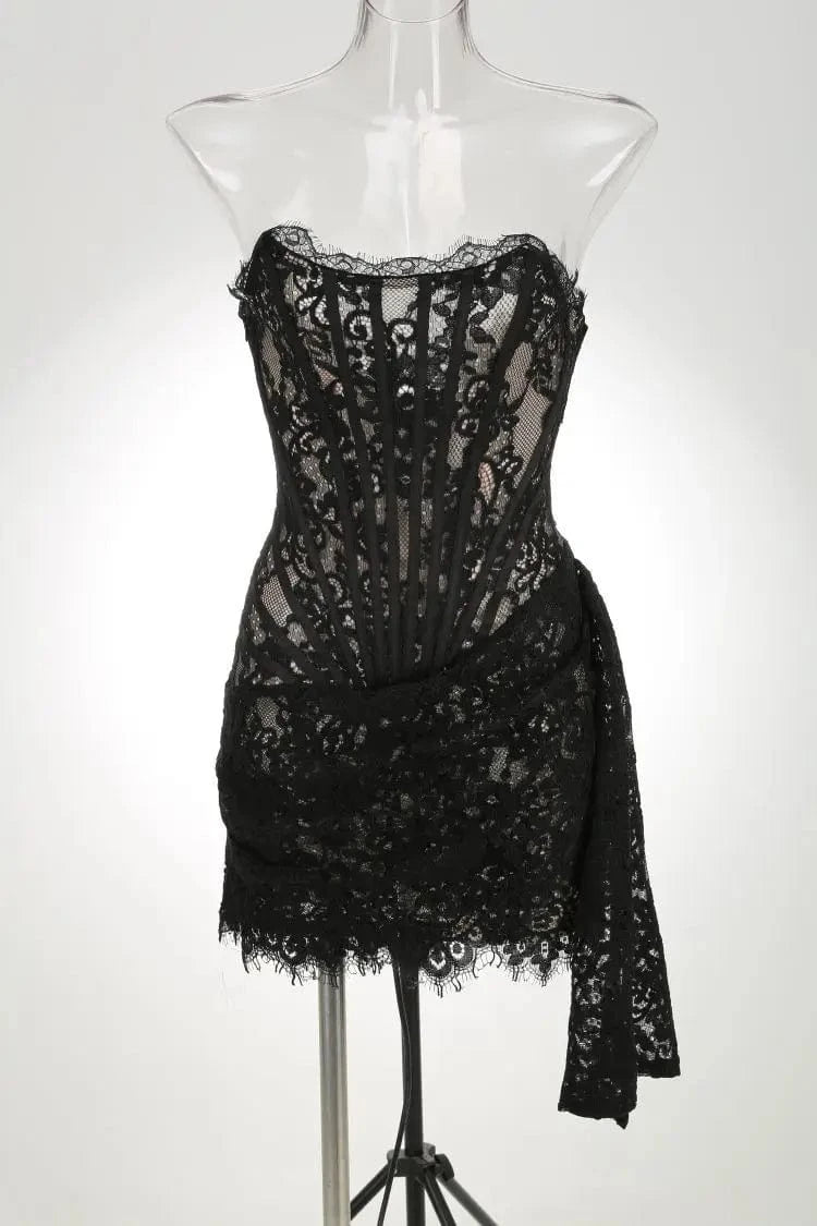 S / Black Valentines Day Gift 2024 Elegant Women Strapless Lace Gowns Solid Pleated Birthday Outfits Evening Dress