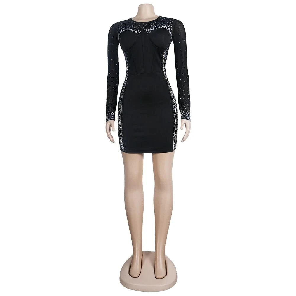 S / Black VK2226 Autumn Fashion Plus Size Dress Bodycon Sexy Transparent Beading O-Neck Women Dress Long Sleeve