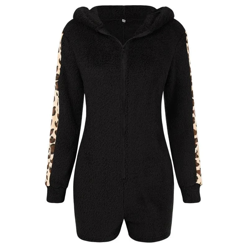 S / Black Women's clothing 2024 autumn winter tight hooded pajamas autumn winter leopard print Jumpsuit