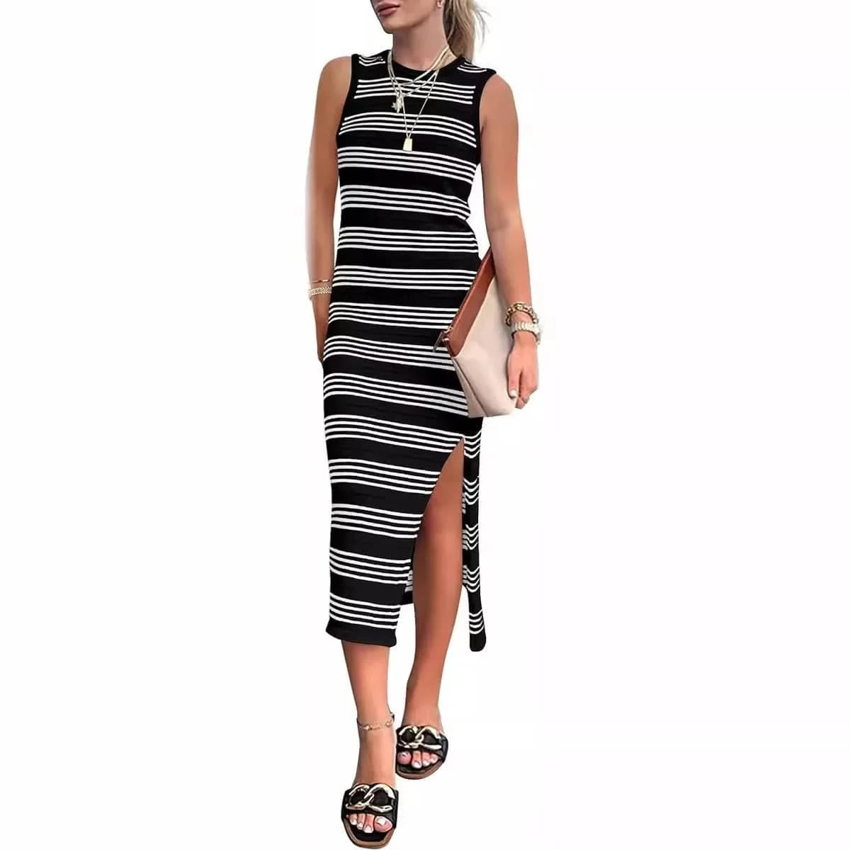 S / Black Women's clothing Summer 2024 new women's summer tight vest casual medium length sleeveless hollow knit side slit stripe long