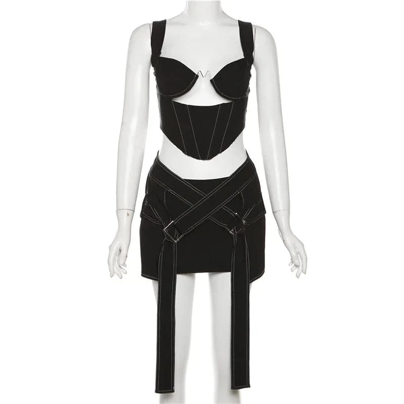 S / Black ZHEZHE New 2024 Spring Patchwork Sleeveless Cami Crop Top And Short Skirt 2 Piece Set Solid Bodycon Sexy Women's Set